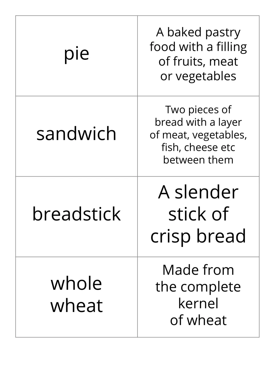 Bakery word-and-definition flashcards 5–8 pair pie, sandwich, breadstick, and whole wheat with meanings.
