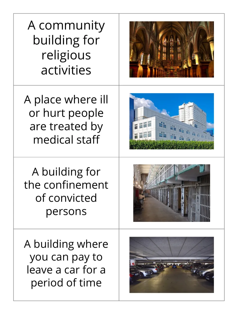 Building definition-and-photo cards 5–8: church, hospital, prison, and parking garage with matching photos
