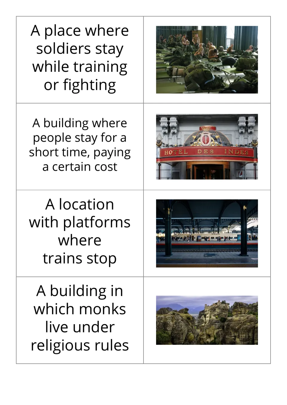 Building definition-and-photo cards 9–12: barracks, hotel, train station, and monastery with matching photos