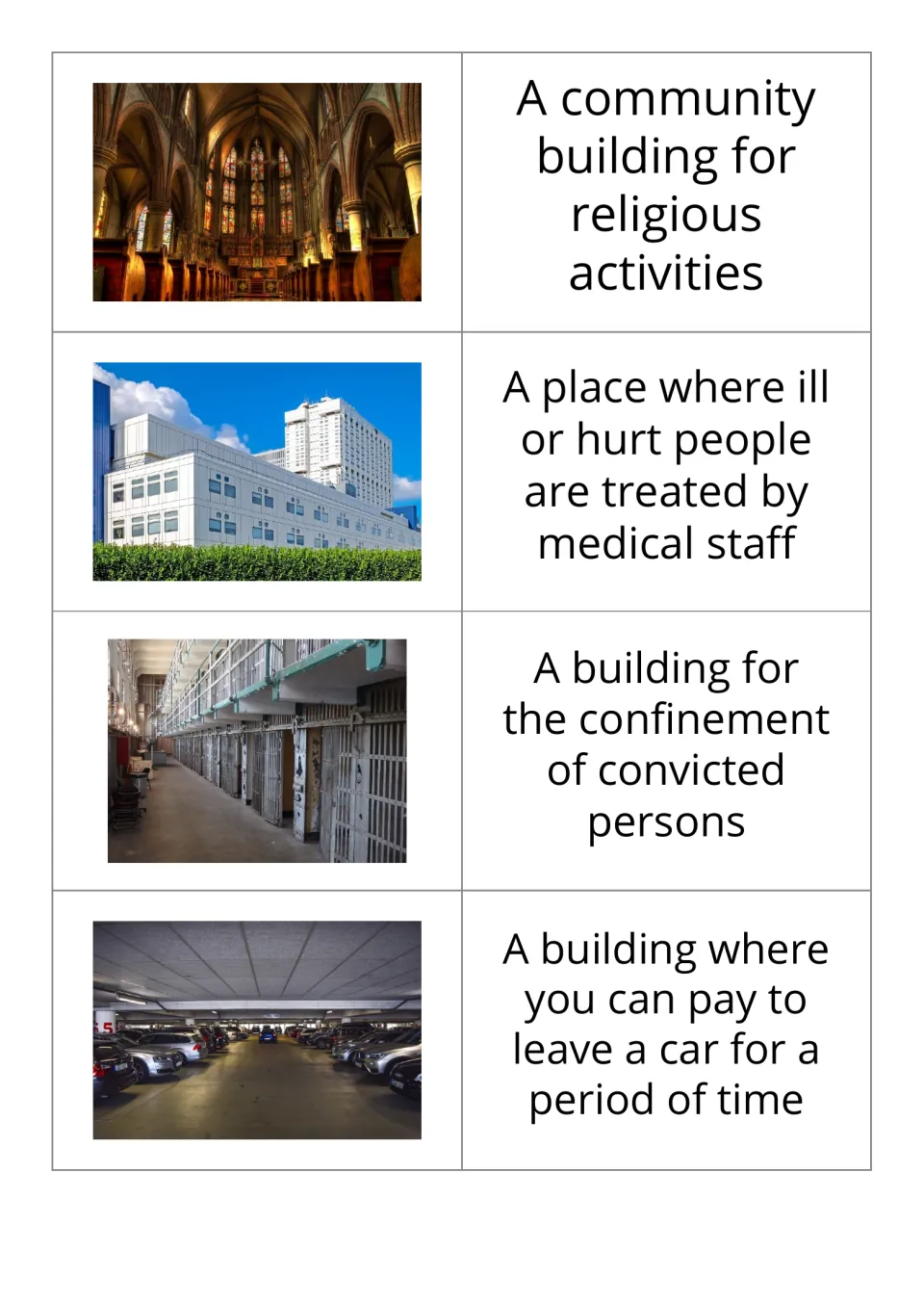 Building photo-and-definition cards 5–8: church, hospital, prison, and parking garage with definitions