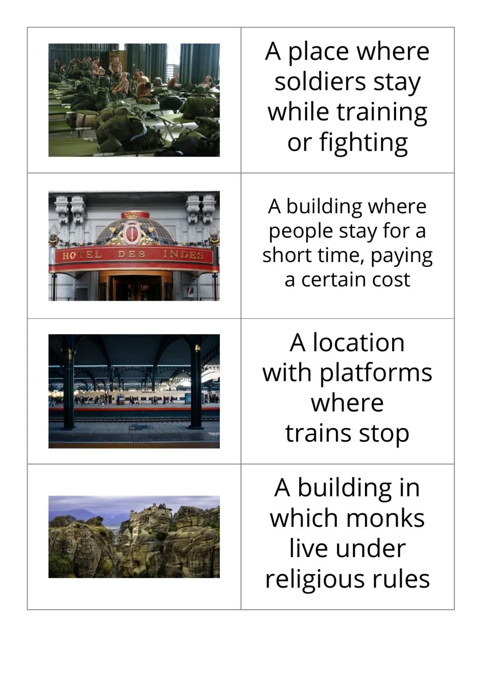 Building photo-and-definition cards 9–12: barracks, hotel, train station, and monastery with definitions