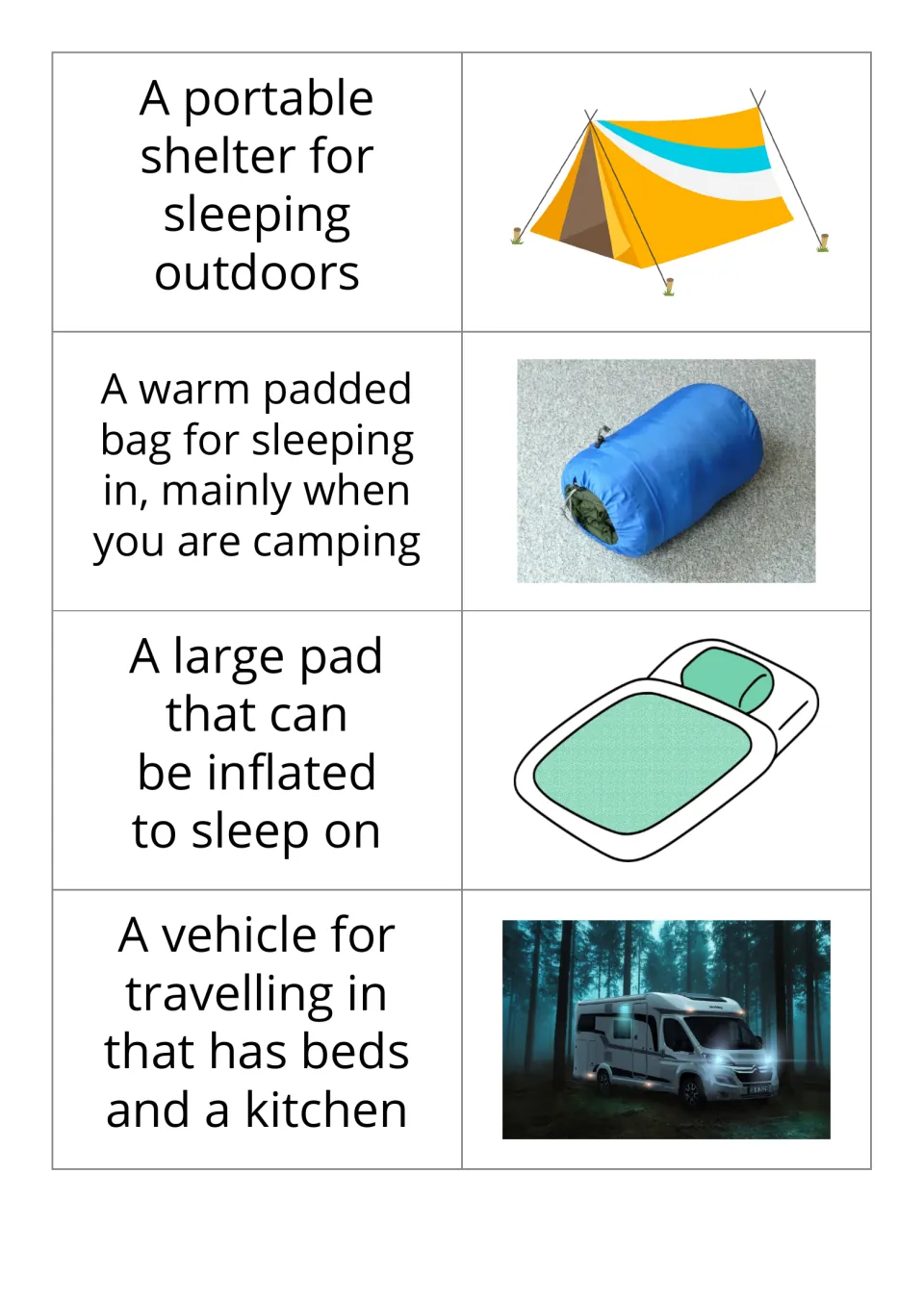 Camping definition-and-picture cards 1–4: tent, sleeping bag, air mattress, and a vehicle with beds and a kitchen