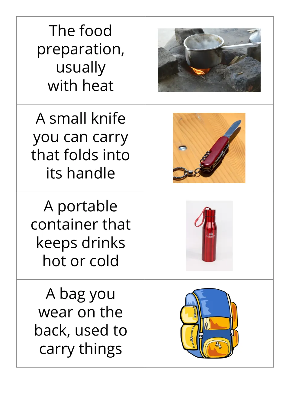 Camping definition-and-picture cards 9–12: cooking, a folding pocketknife, an insulated bottle, and a backpack