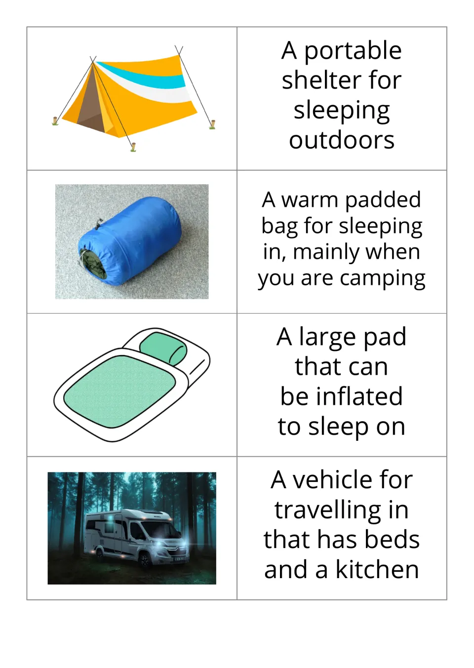 Camping picture-and-definition cards 1–4: tent, sleeping bag, air mattress, and a vehicle with beds and a kitchen