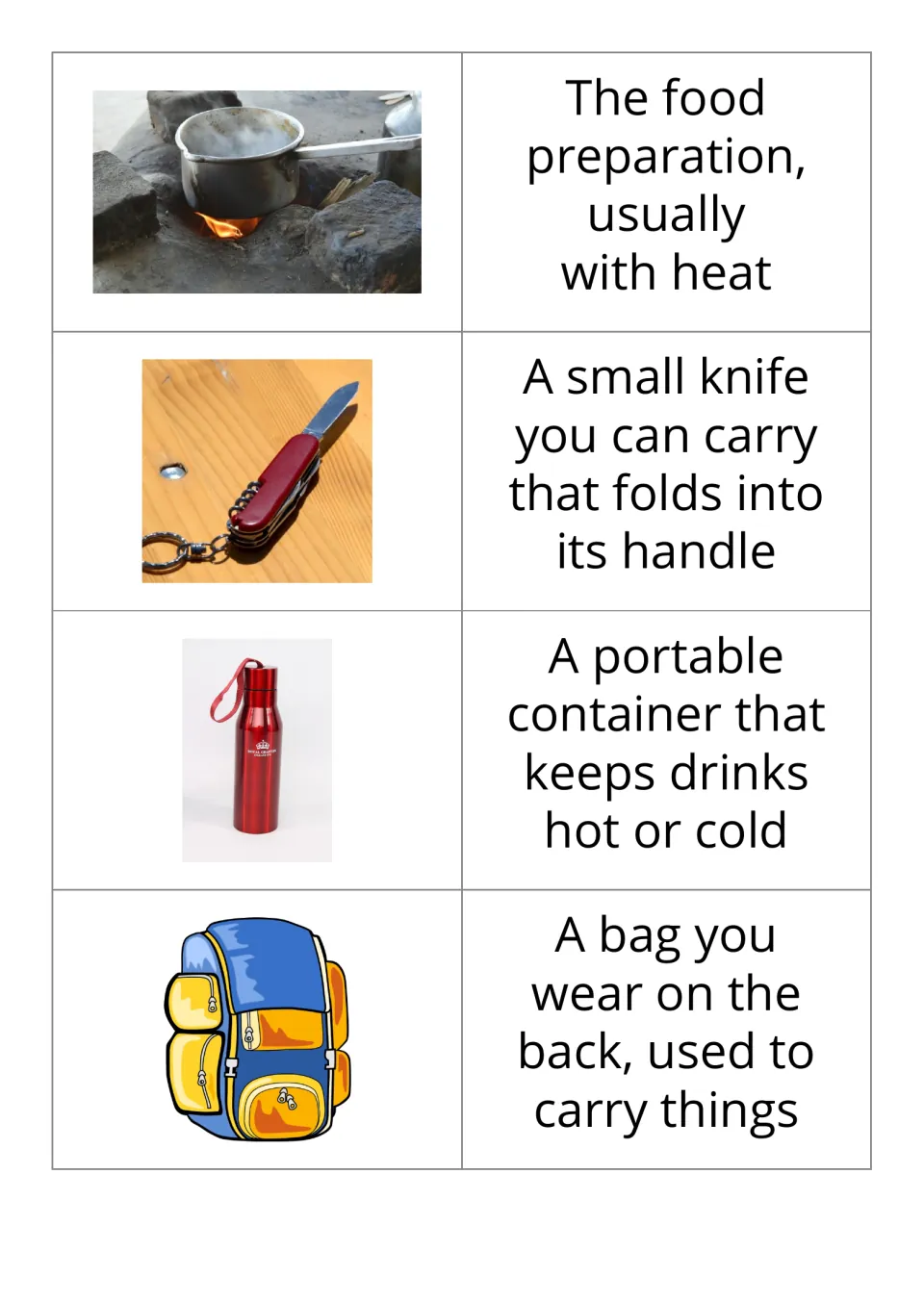 Camping picture-and-definition cards 9–12: cooking, a folding pocketknife, an insulated bottle, and a backpack