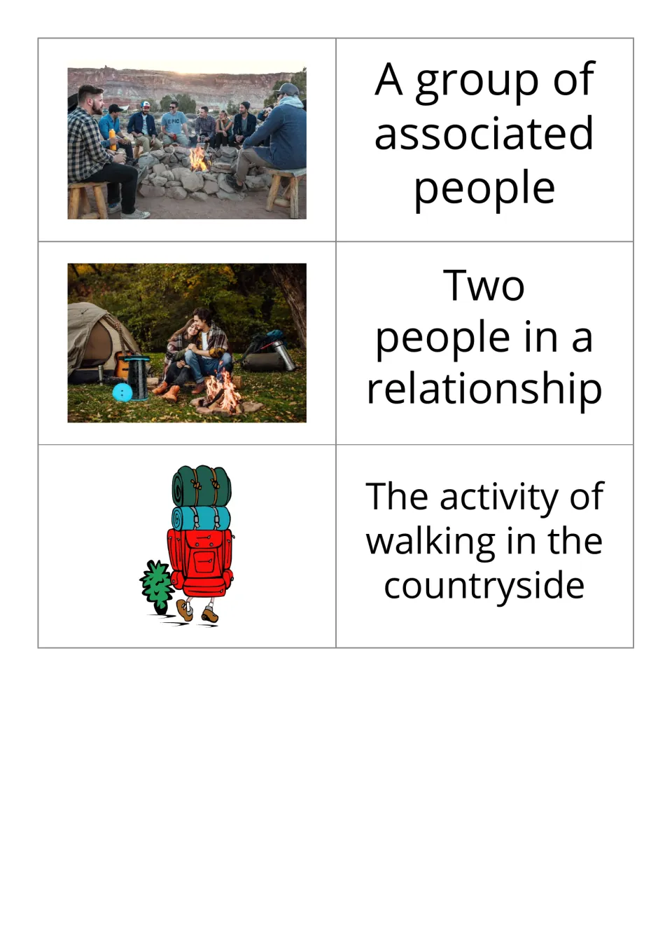 Camping picture-and-definition cards 13–15: a group of people, a couple, and walking in the countryside
