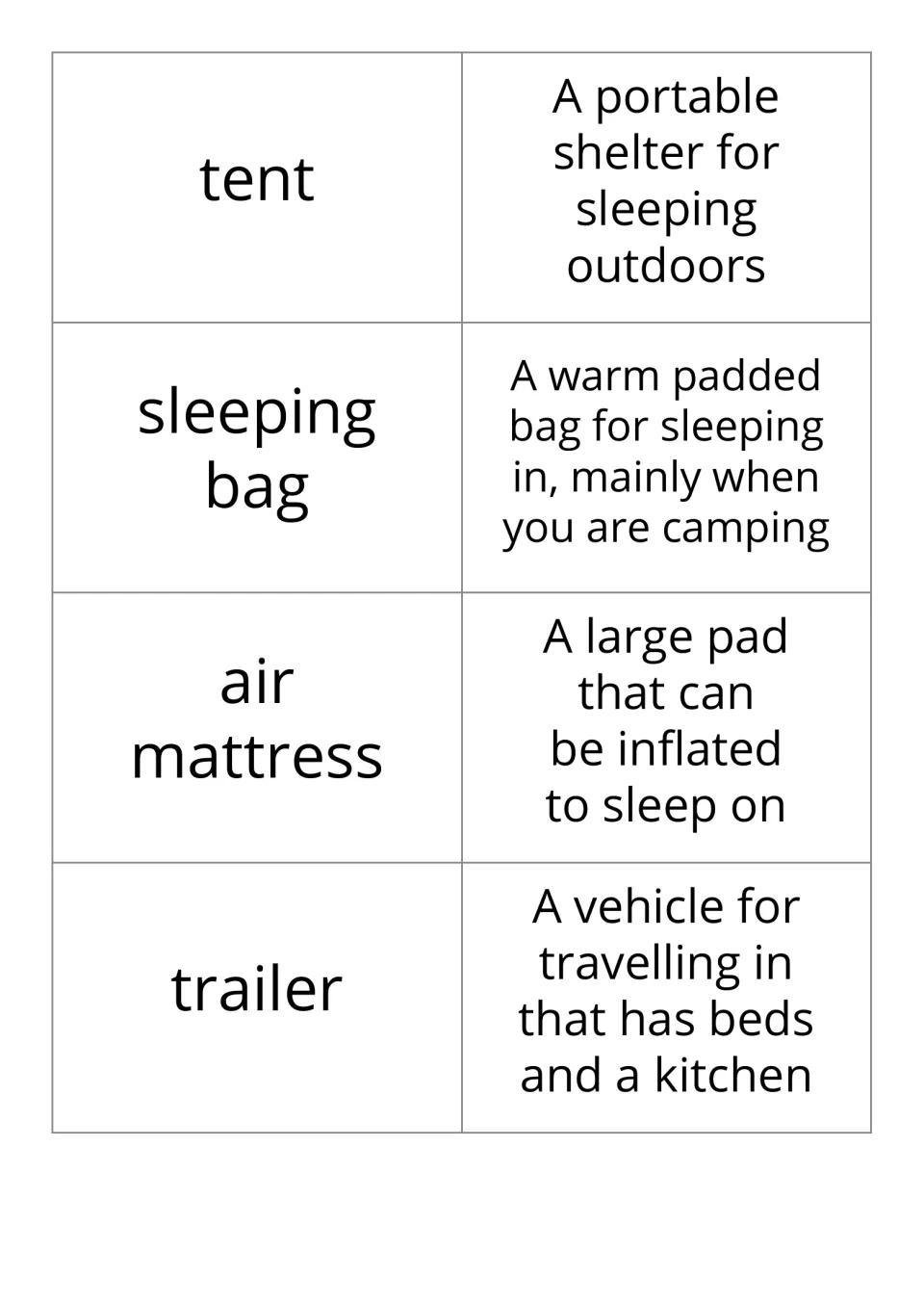 Camping word-and-definition cards 1–4: tent, sleeping bag, air mattress, and trailer, each paired with its meaning