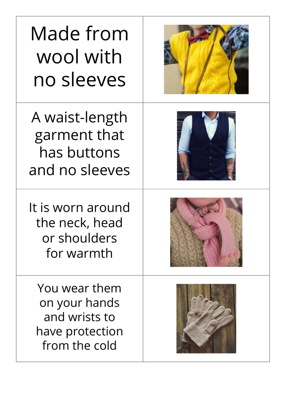 Clothing flashcards 9–12 pair definitions with photos of a sweater vest, buttoned vest, scarf, and gloves.