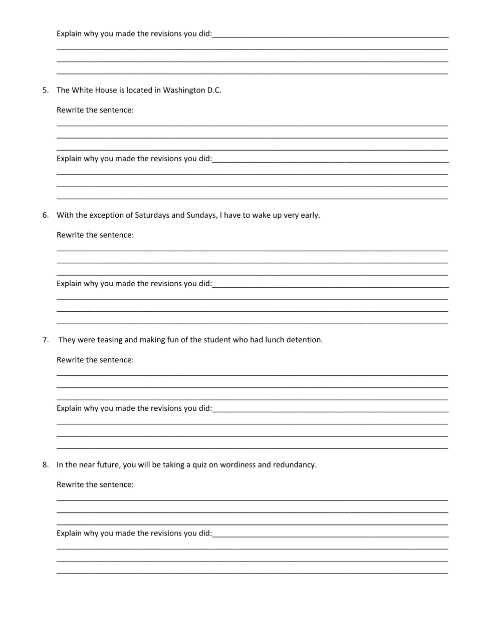 Cutting wordy phrases: students rewrite sentences 5-8, such as "located in Washington D.C.," and explain each change