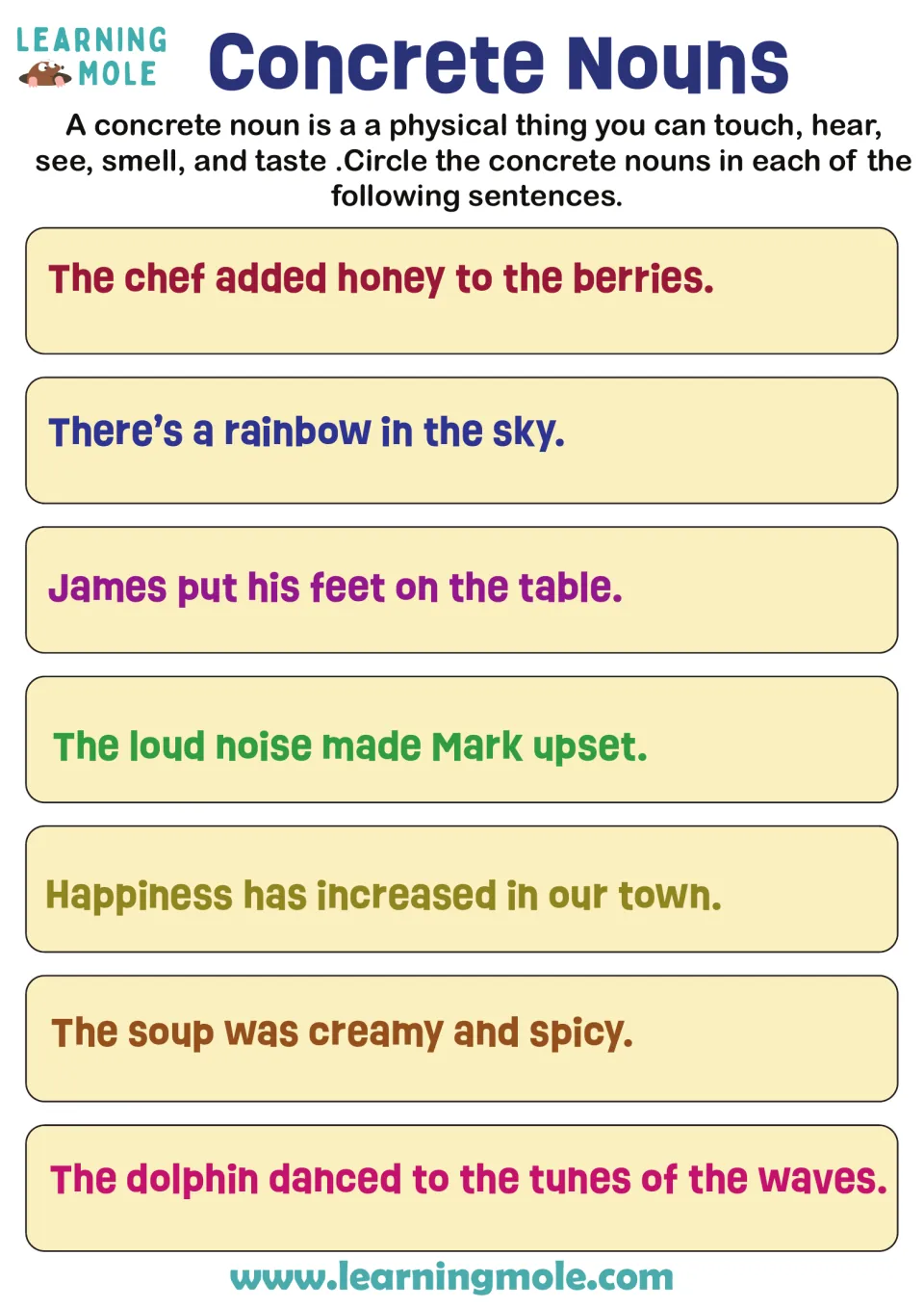 Concrete noun practice: circle nouns in seven sentences about a chef, a rainbow, James, noise, and more.