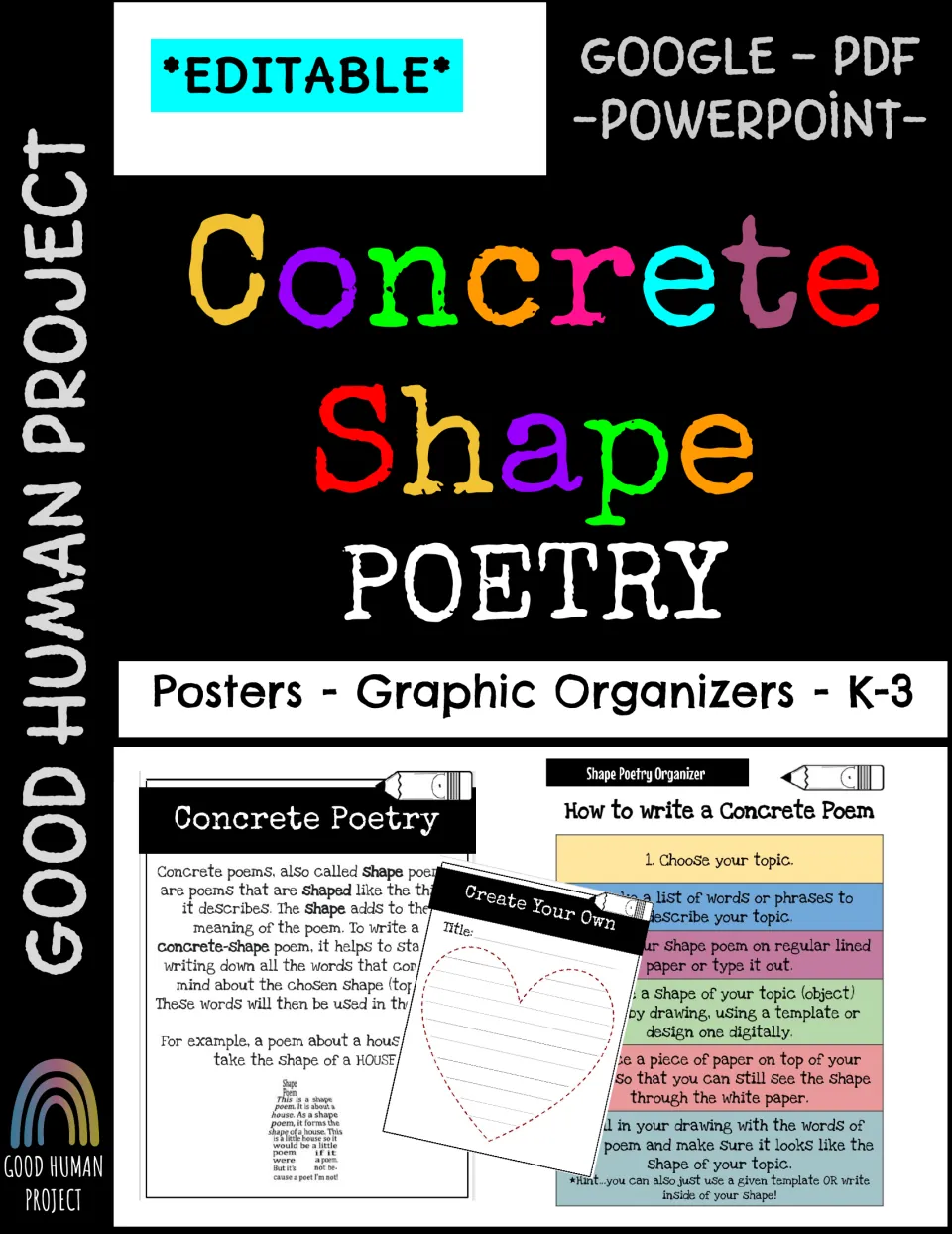 Cover: Concrete Shape Poetry posters and graphic organizers for K-3, editable in Google, PDF and PowerPoint