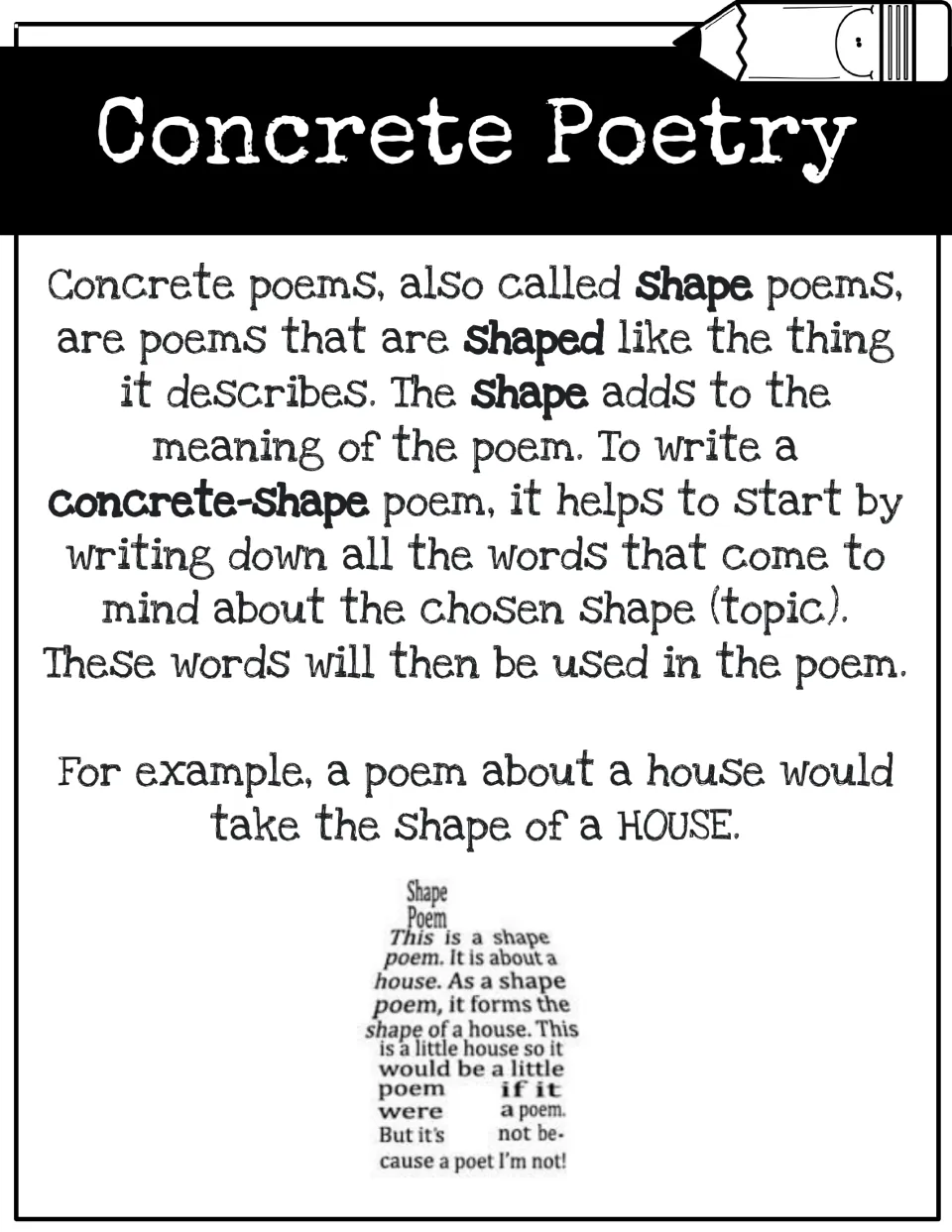 Concrete poetry poster defining shape poems as poems shaped like their topic, with a house-shaped example poem