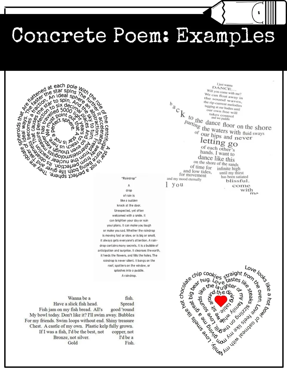 Concrete poem examples: sample poems shaped as a spiral, a dancer, a raindrop, a fish and a heart for students to study