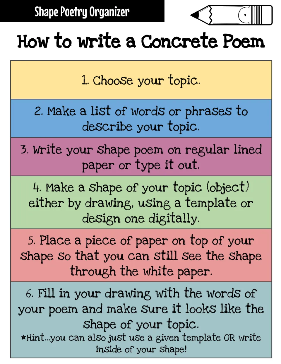 How to write a concrete poem: six color-coded steps from choosing a topic to filling a drawn shape with the poem's words