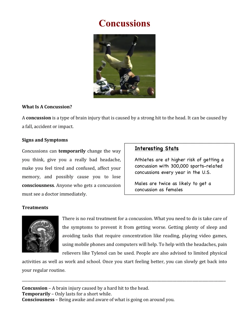 Opening reading about concussions: definition, signs and symptoms, treatments, statistics, and vocabulary