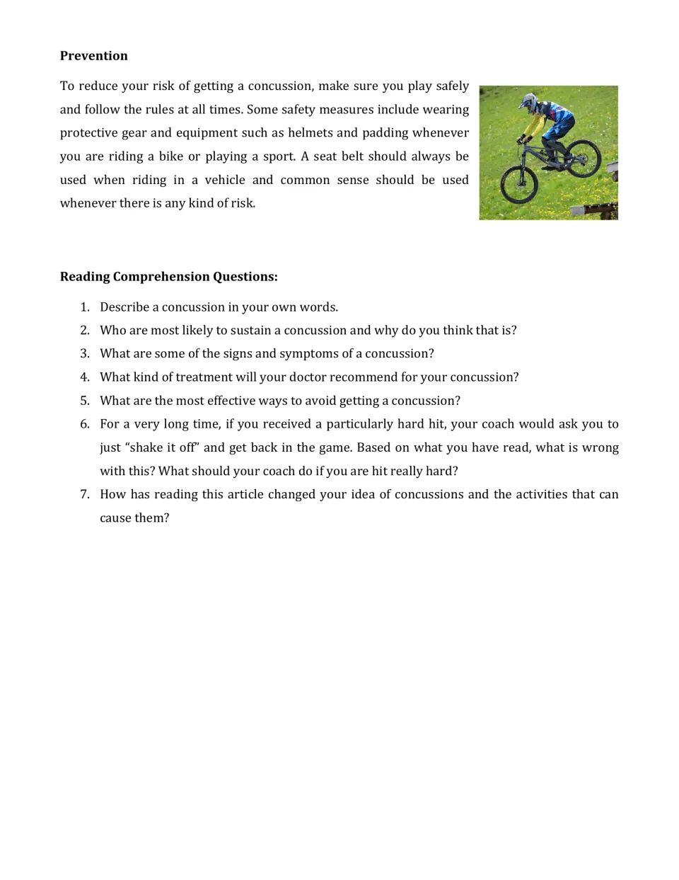 Reading continuation on concussion prevention, followed by seven comprehension and reflection questions