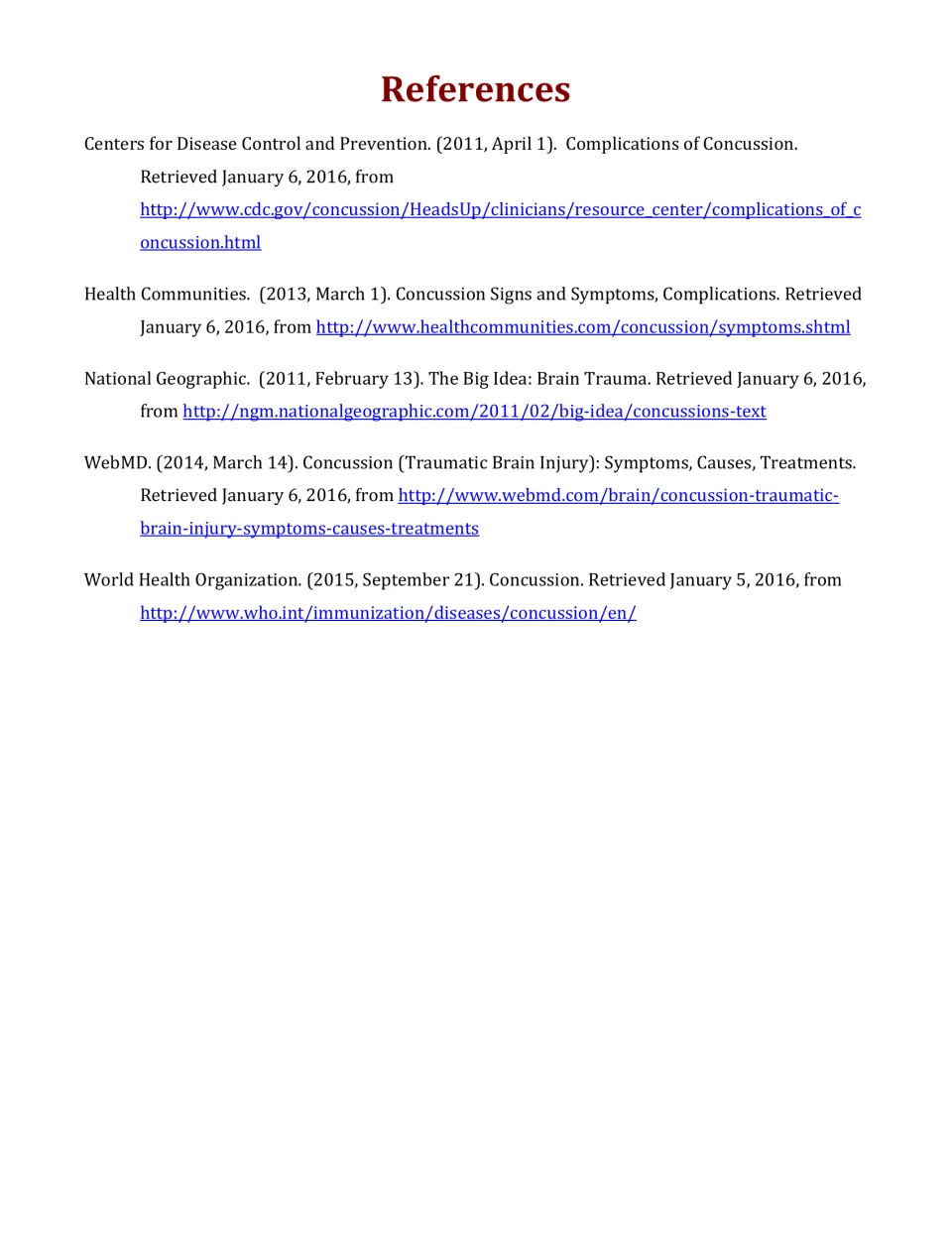 References for the concussion reading, listing five sources with publication dates and retrieval links