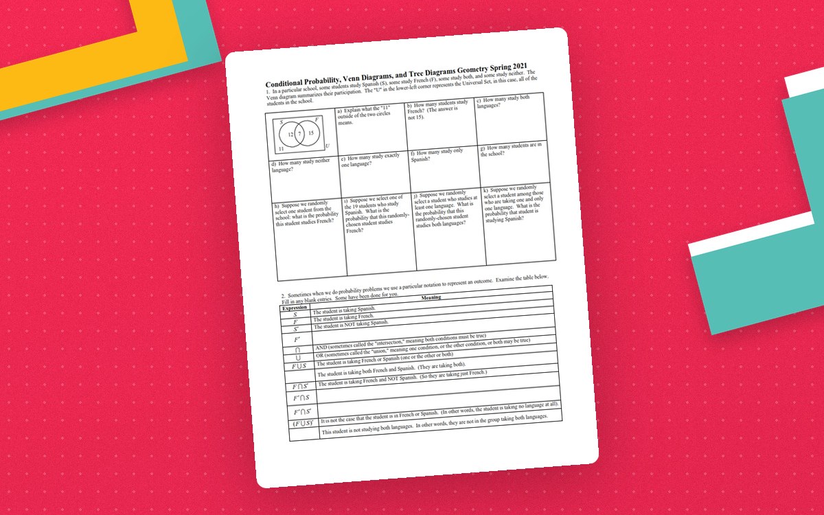 Conditional Probability review page with Venn/tree-diagram questions and a probability table.