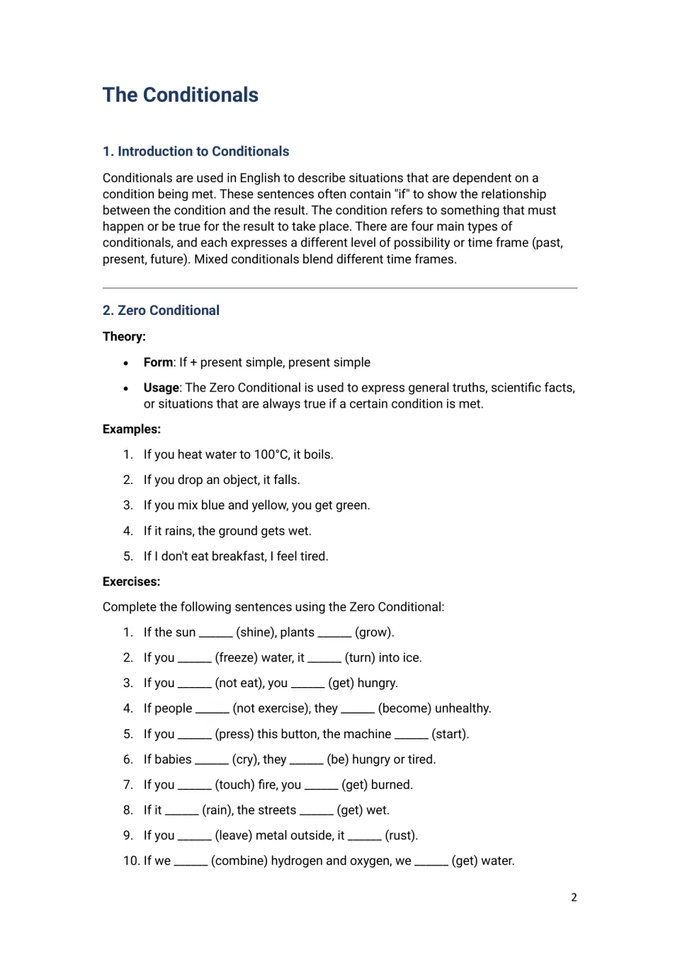 Conditionals intro and the zero conditional: form, five examples, then 10 if-sentences to complete in present simple