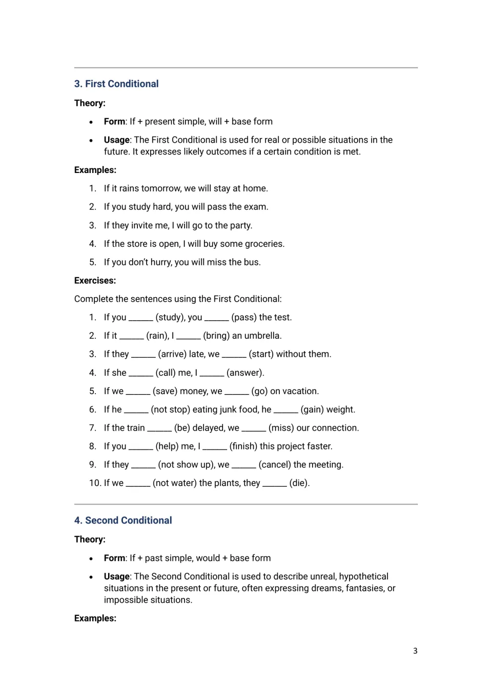 First conditional: form, usage and examples, then 10 gap-fill sentences using will; second conditional theory begins