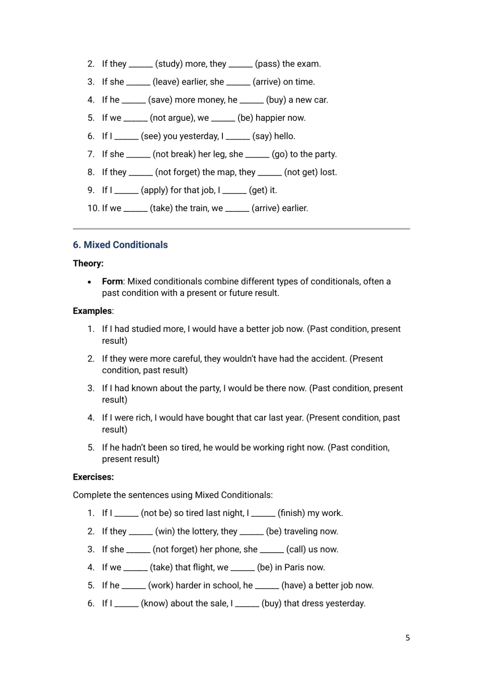 Third conditional gap-fill items 2-10, then mixed conditionals theory, five examples and six sentences to complete