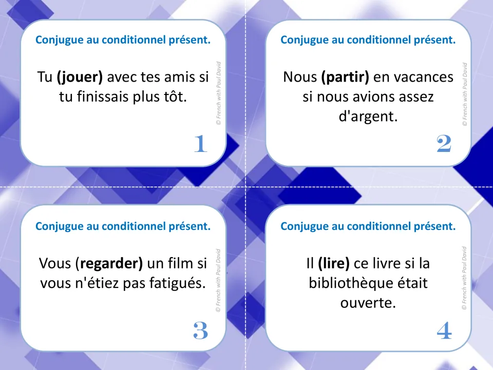 French conditional task cards 1-4: students conjugate jouer, partir, regarder and lire in si-clause sentences