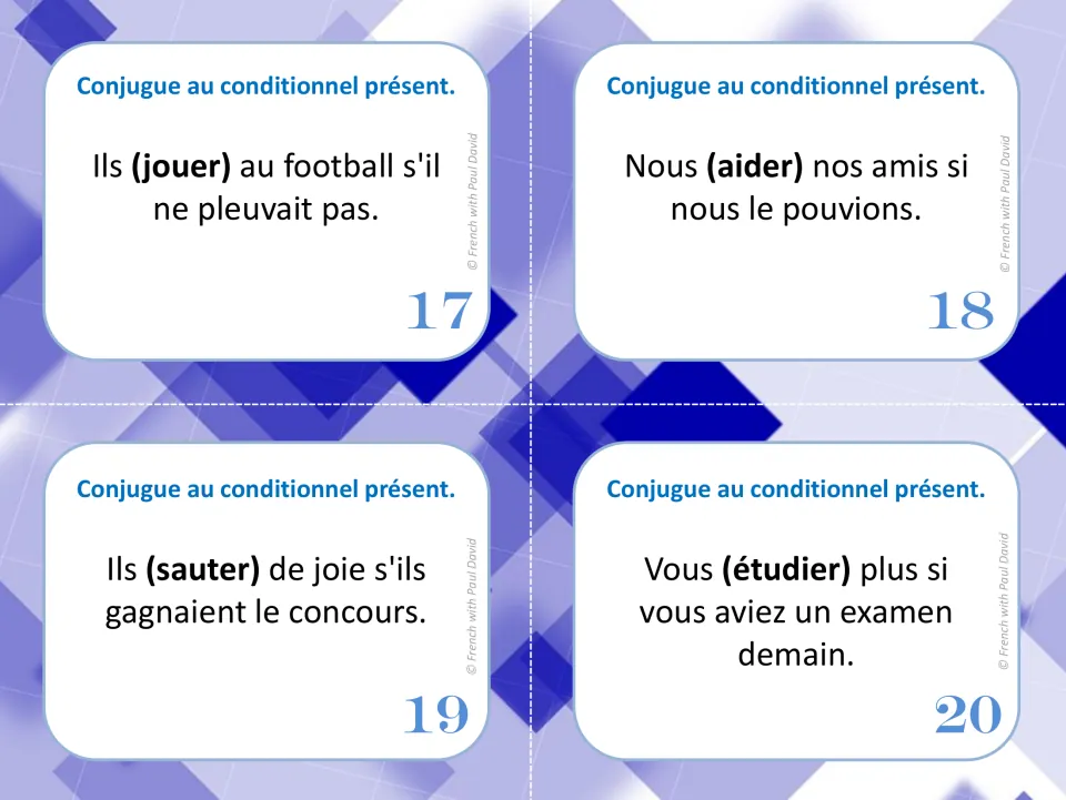 Cards 17-20 practise the conditional: jouer, aider, sauter and étudier with ils, nous and vous as subjects