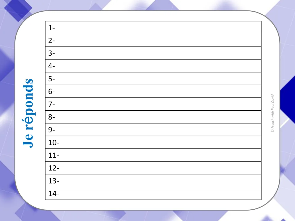 Je réponds recording sheet for task cards 1 to 14: students write each conjugated conditional verb by number