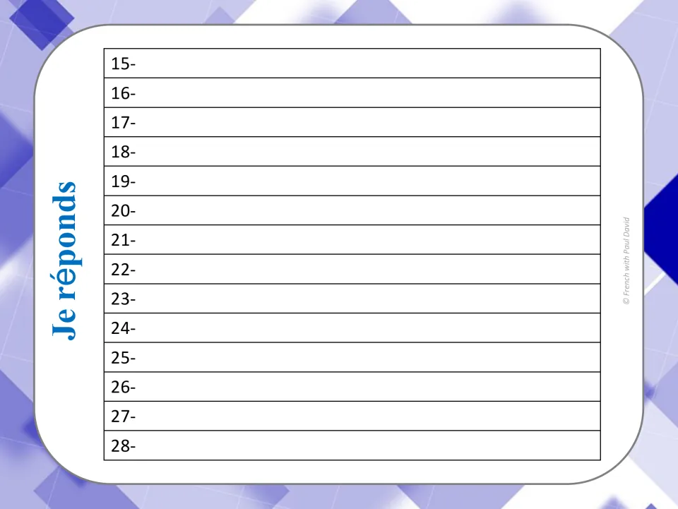 Je réponds response sheet continued for cards 15 to 28, where students record their conditionnel présent answers