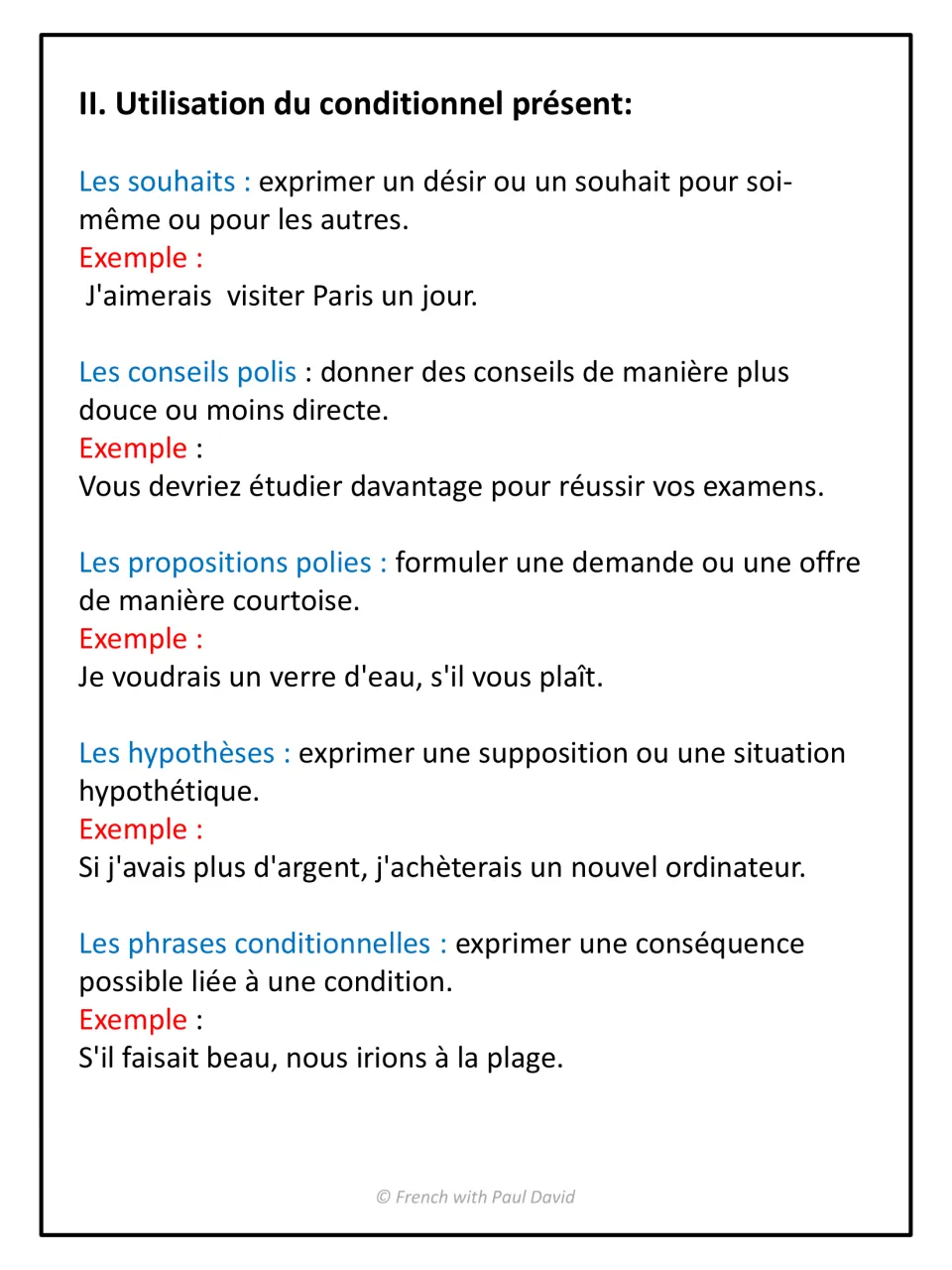 Uses of the French conditional: wishes, polite advice, polite requests, hypotheses and if-clauses, each with an example