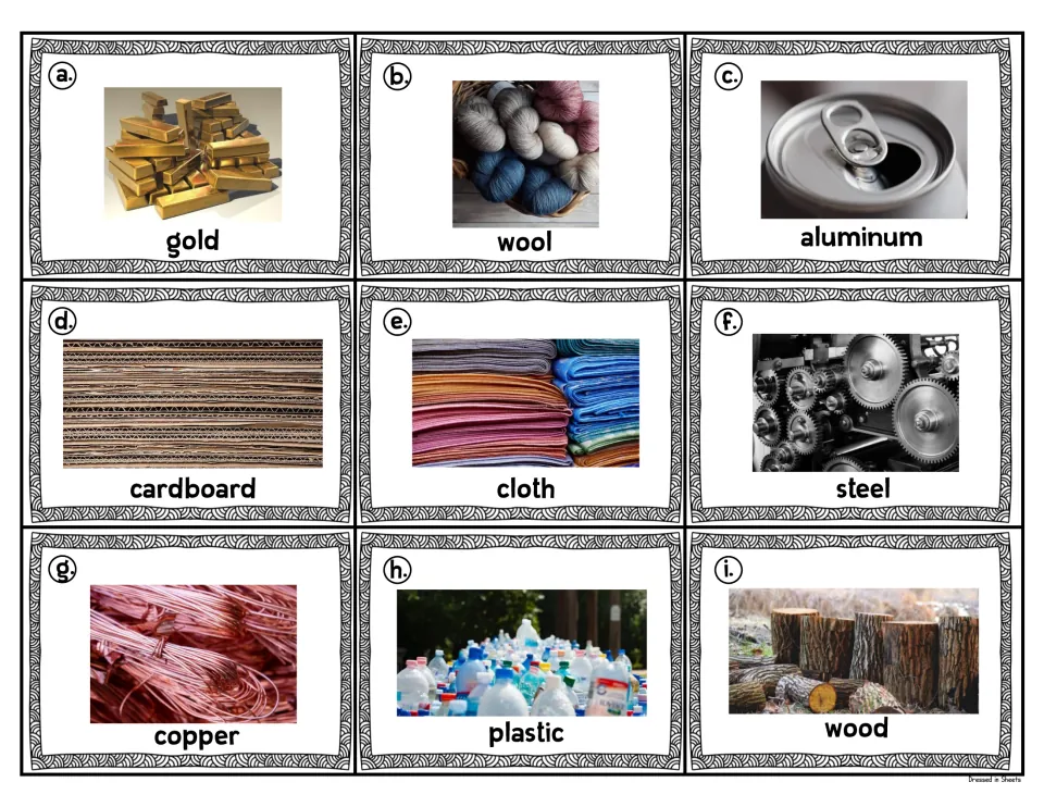 Material flashcards a to i with photos: gold, wool, aluminum, cardboard, cloth, steel, copper, plastic and wood to sort