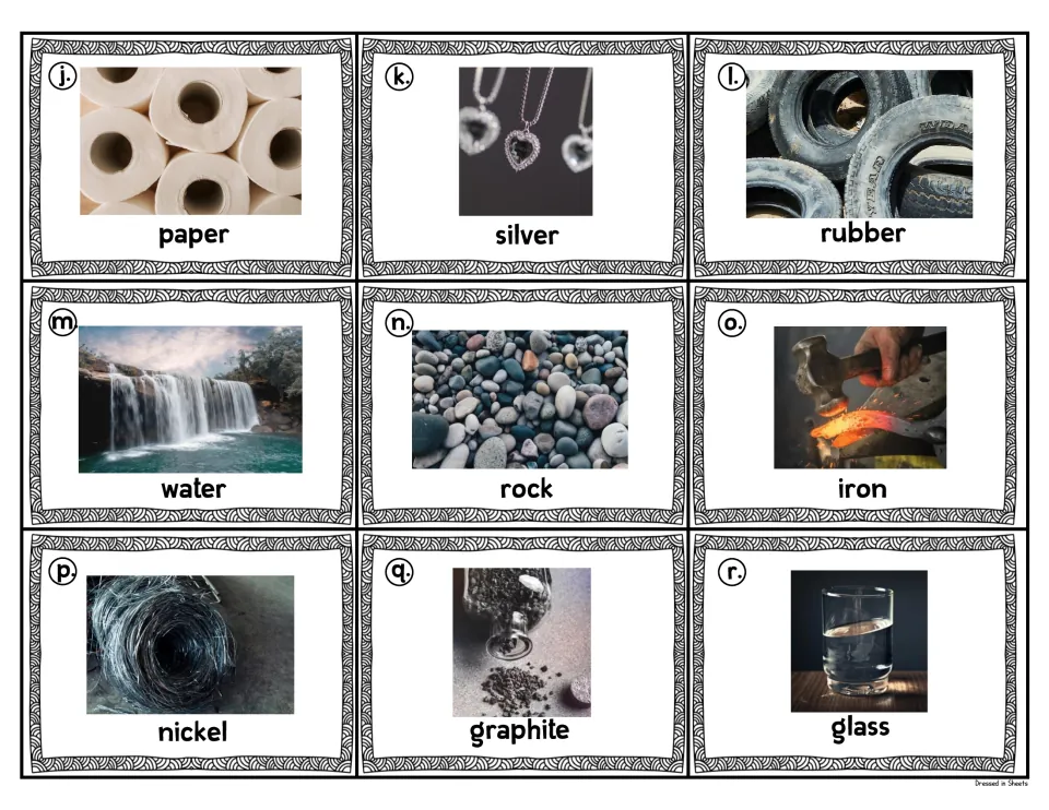 Material flashcards j to r with photos: paper, silver, rubber, water, rock, iron, nickel, graphite and glass to sort