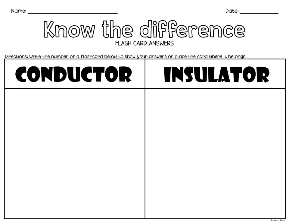 Conductor or insulator sort: students write each flashcard letter, or place the card, under the correct heading