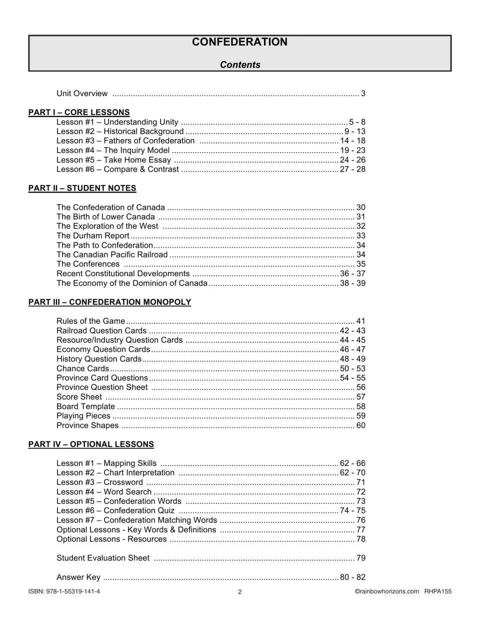 Unit contents: core lessons, student notes, Confederation Monopoly, optional lessons and answer key, pages 3–82