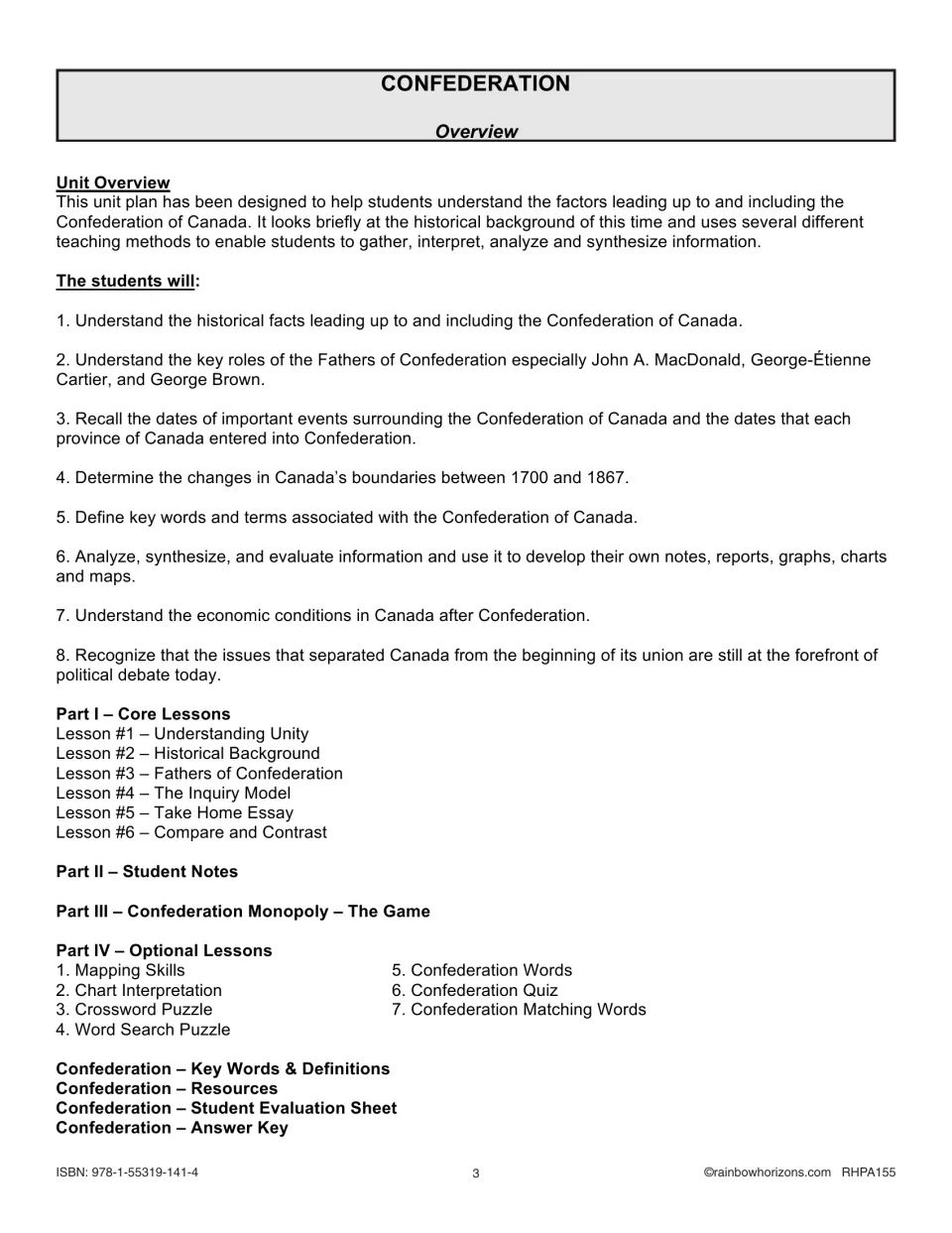 Unit overview: 8 student goals, such as the roles of John A. MacDonald, Cartier and Brown, and the 4-part outline