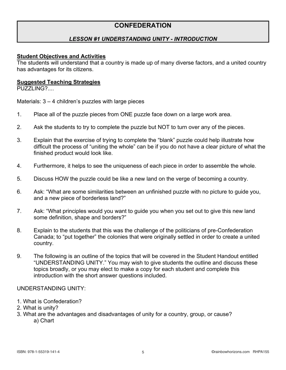 Lesson 1 teacher notes: face-down puzzle activity using 3–4 children's puzzles, plus the Understanding Unity outline