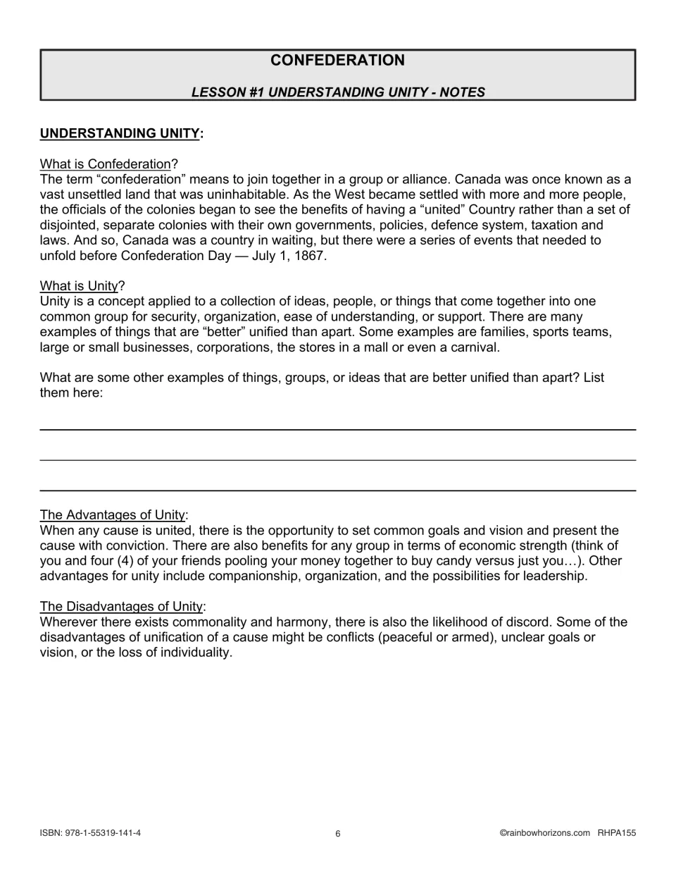 Lesson 1 notes defining confederation and unity, with the advantages and disadvantages of unity
