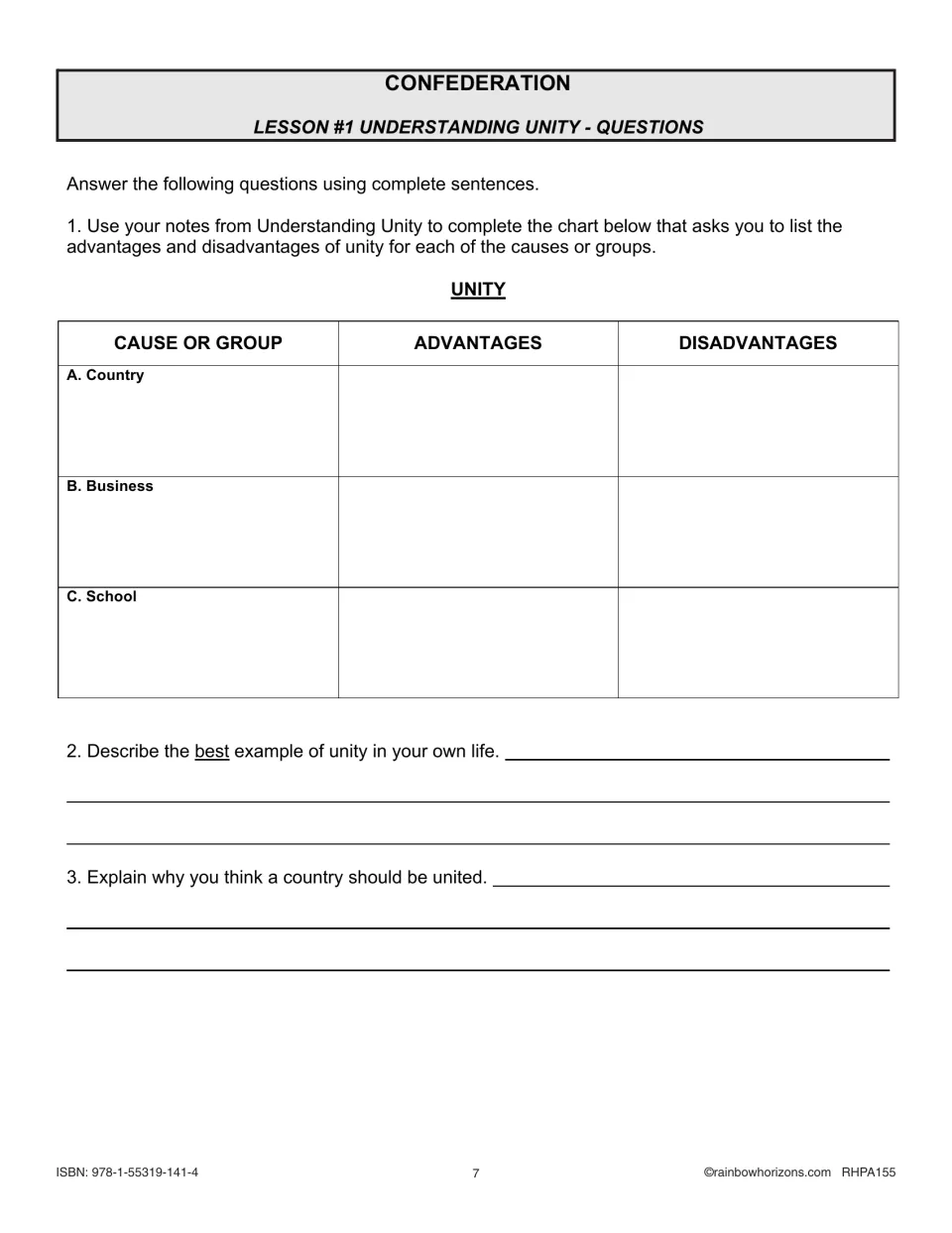 Lesson 1 questions 1–3: unity pros and cons for a country, business and school, and why a country should be united