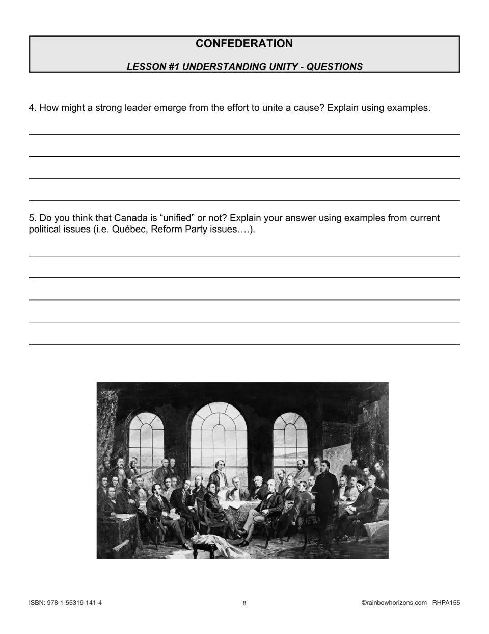 Lesson 1 questions 4–5 on how leaders emerge and whether Canada is unified, plus a Fathers of Confederation painting