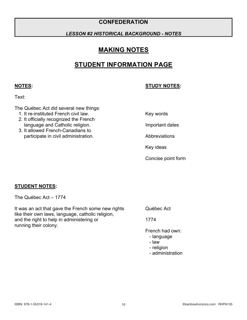 Making Notes student page: model notes and study notes on the 1774 Québec Act's rights for the French