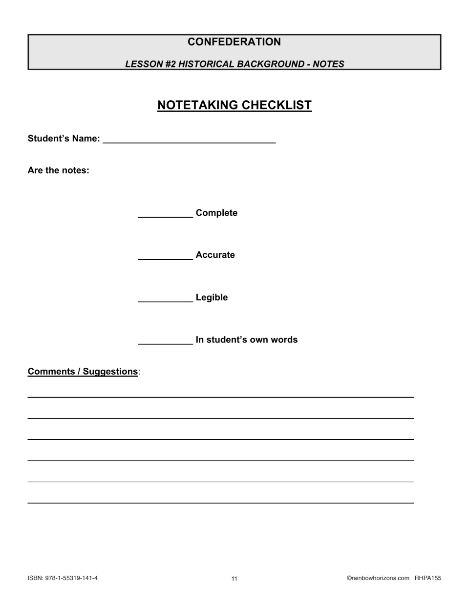 Notetaking checklist: are a student's notes complete, accurate, legible and in the student's own words?