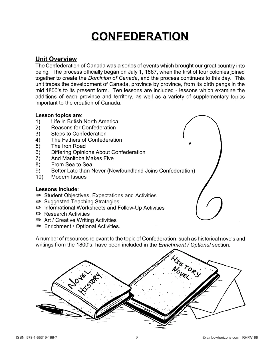 Confederation unit overview listing the 10 lesson topics, from Life in British North America to Modern Issues