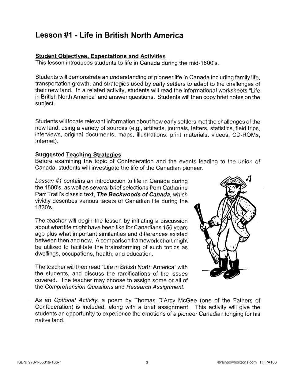 Lesson 1 teacher notes for Life in British North America: objectives, teaching strategies and McGee poem activity