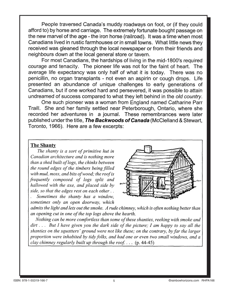 Lesson 1 reading on 1800s pioneer travel and hardship, with Catharine Parr Traill's excerpt 'The Shanty'