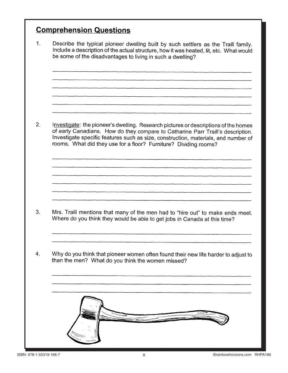 Lesson 1 comprehension questions 1–4 on pioneer dwellings, men hiring out for work and women's adjustment