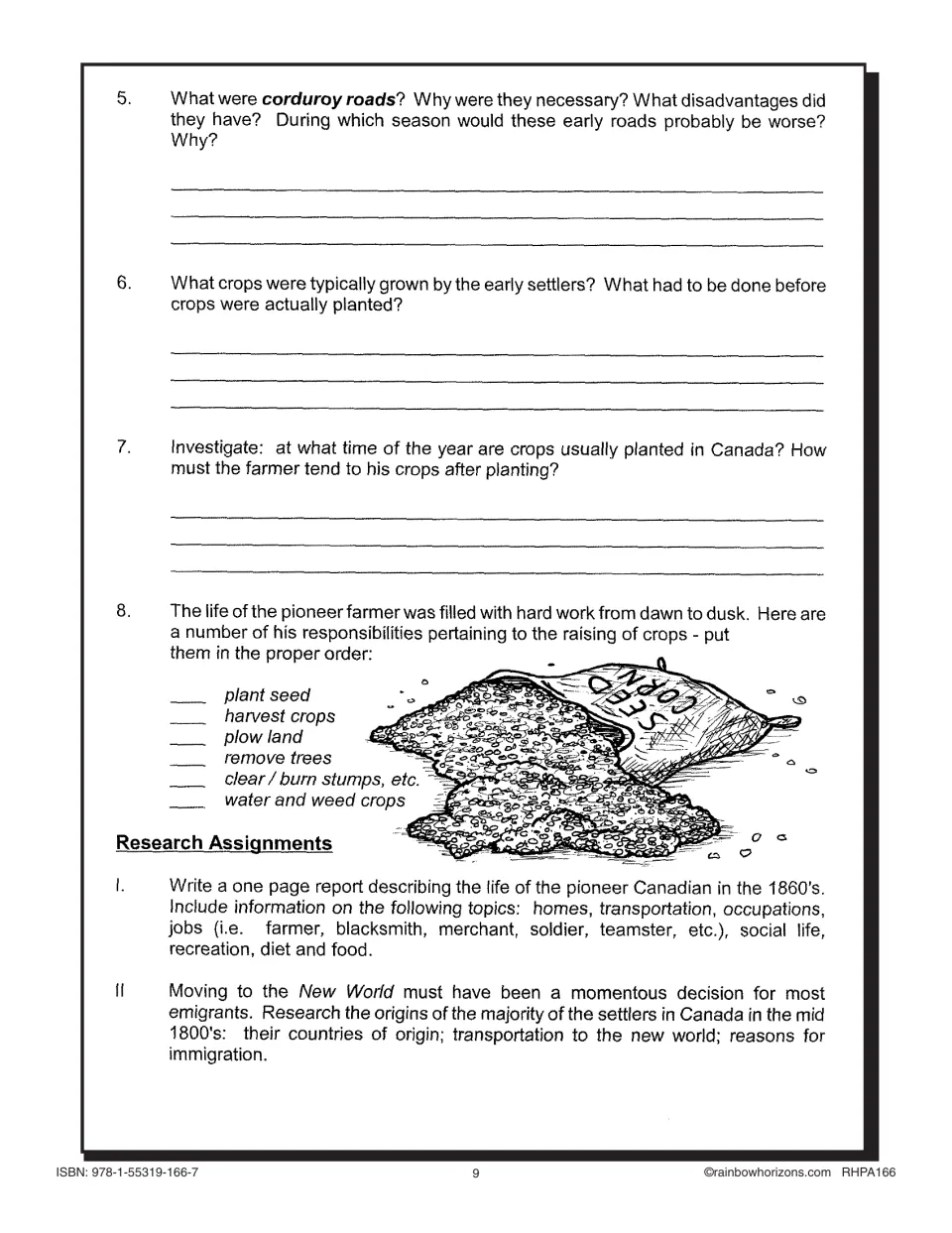 Lesson 1 questions 5–8 on corduroy roads and crops, crop-step ordering, and two pioneer research assignments