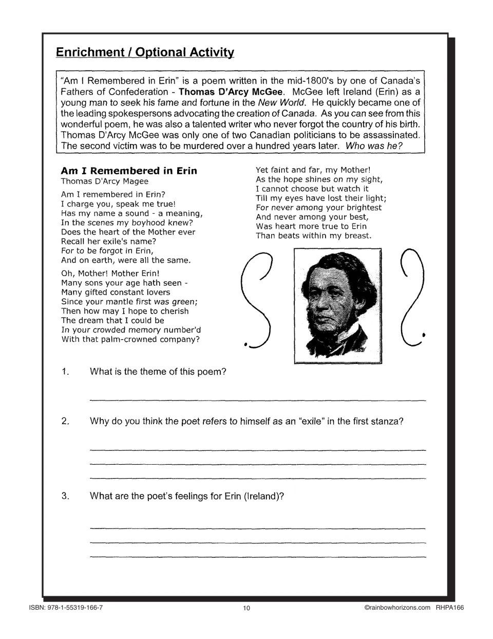Lesson 1 enrichment: Thomas D'Arcy McGee's poem 'Am I Remembered in Erin' with his portrait and 3 questions