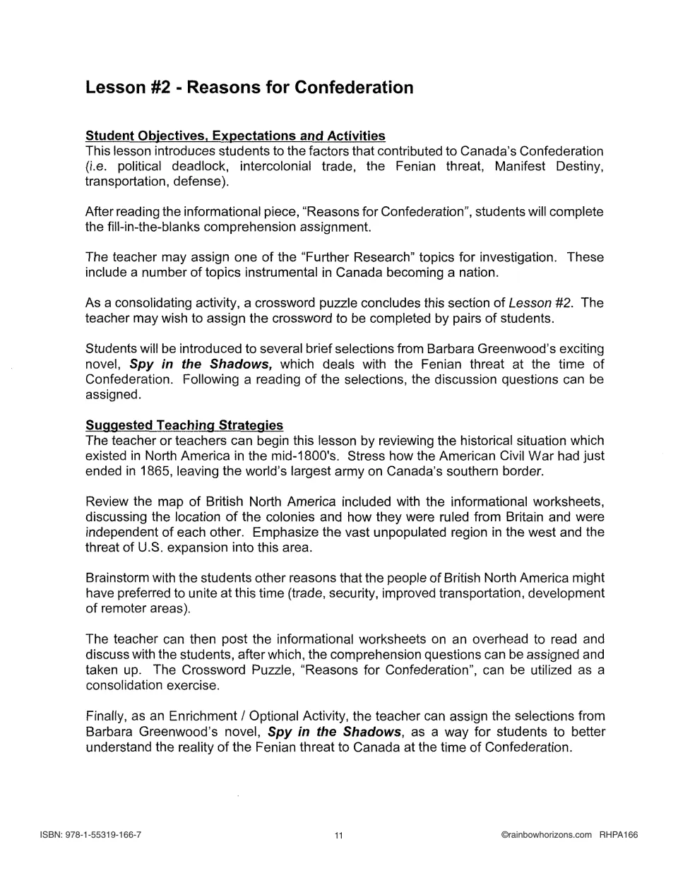 Lesson 2 teacher notes for Reasons for Confederation: Fenian threat, crossword and Spy in the Shadows readings