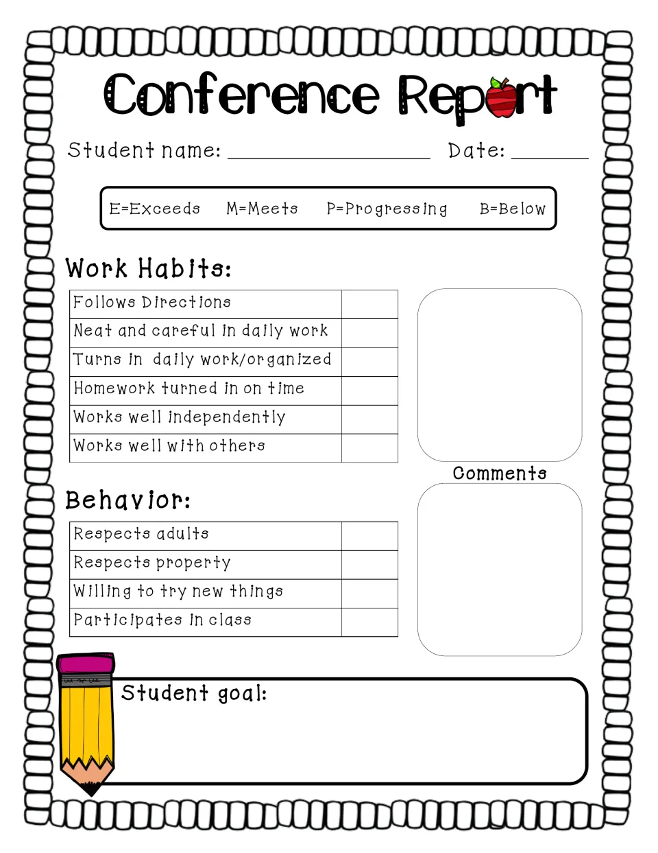 Student conference form: Work Habits and Behavior ratings using E, M, P, and B, comments, and a student goal.