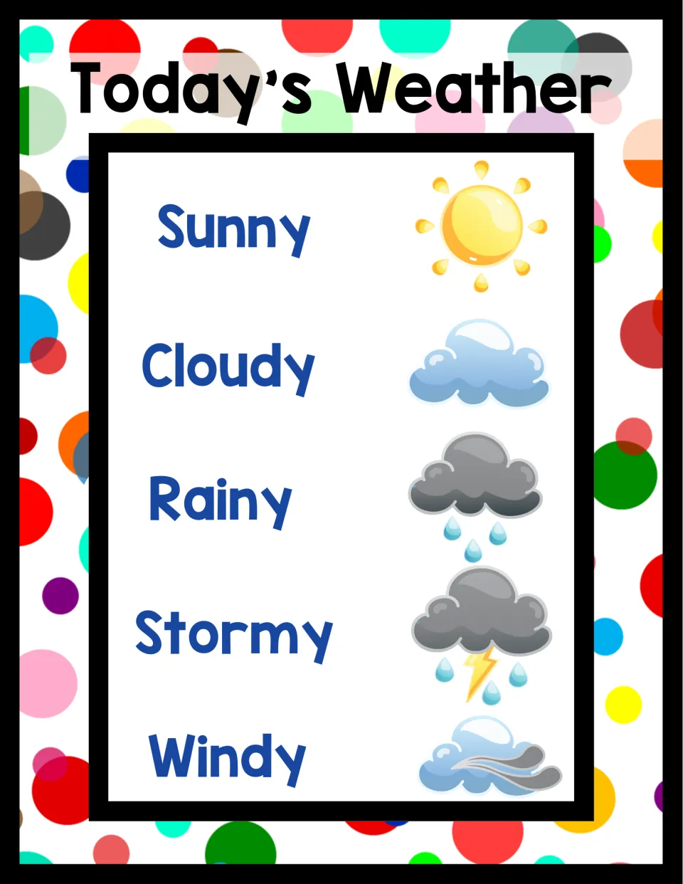 Weather chart headed "Today's Weather," listing Sunny, Cloudy, Rainy, Stormy, and Windy with matching pictures.